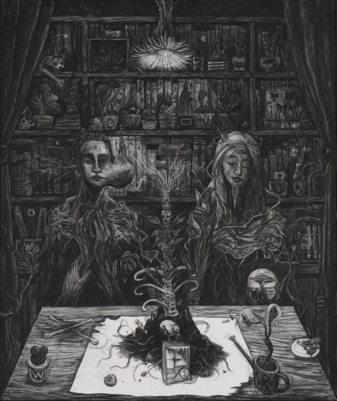 肥沼 義幸《二柱の祈り》2025年 木炭・木炭紙・パネル板 190×160cm